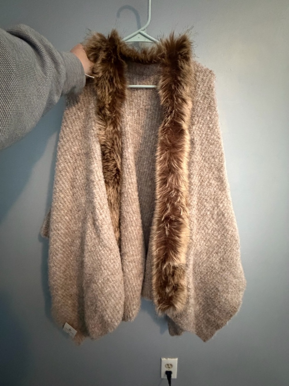 Fraas Taupe Knit Poncho with Faux-Fur Trim